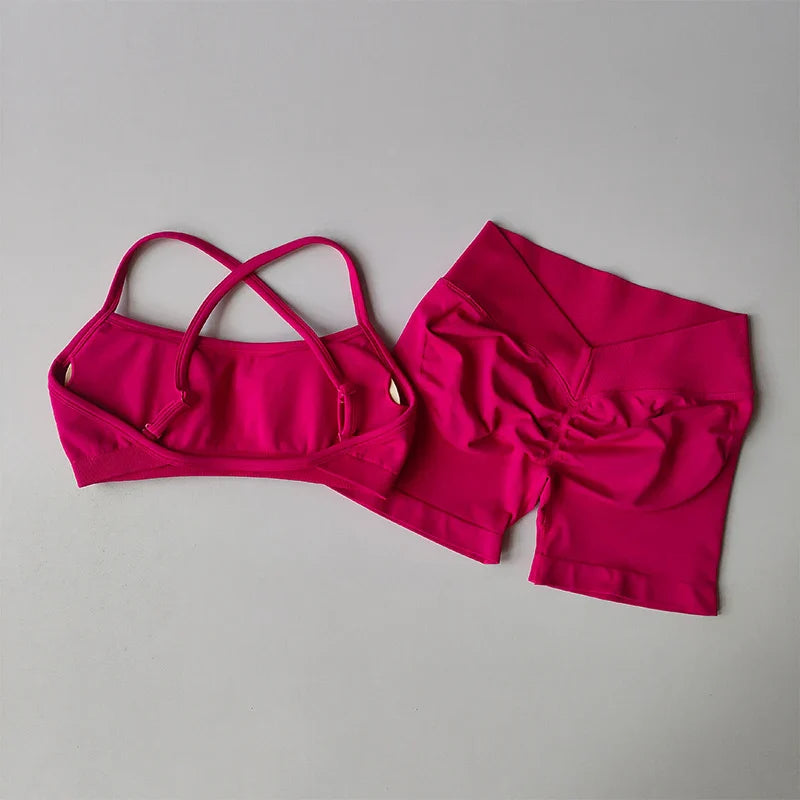 New Women's Seamless Workout Sets Thin Strap Back Sports Bra & 3-Inch Shorts, Quick Dry Gym Yoga Outfits
