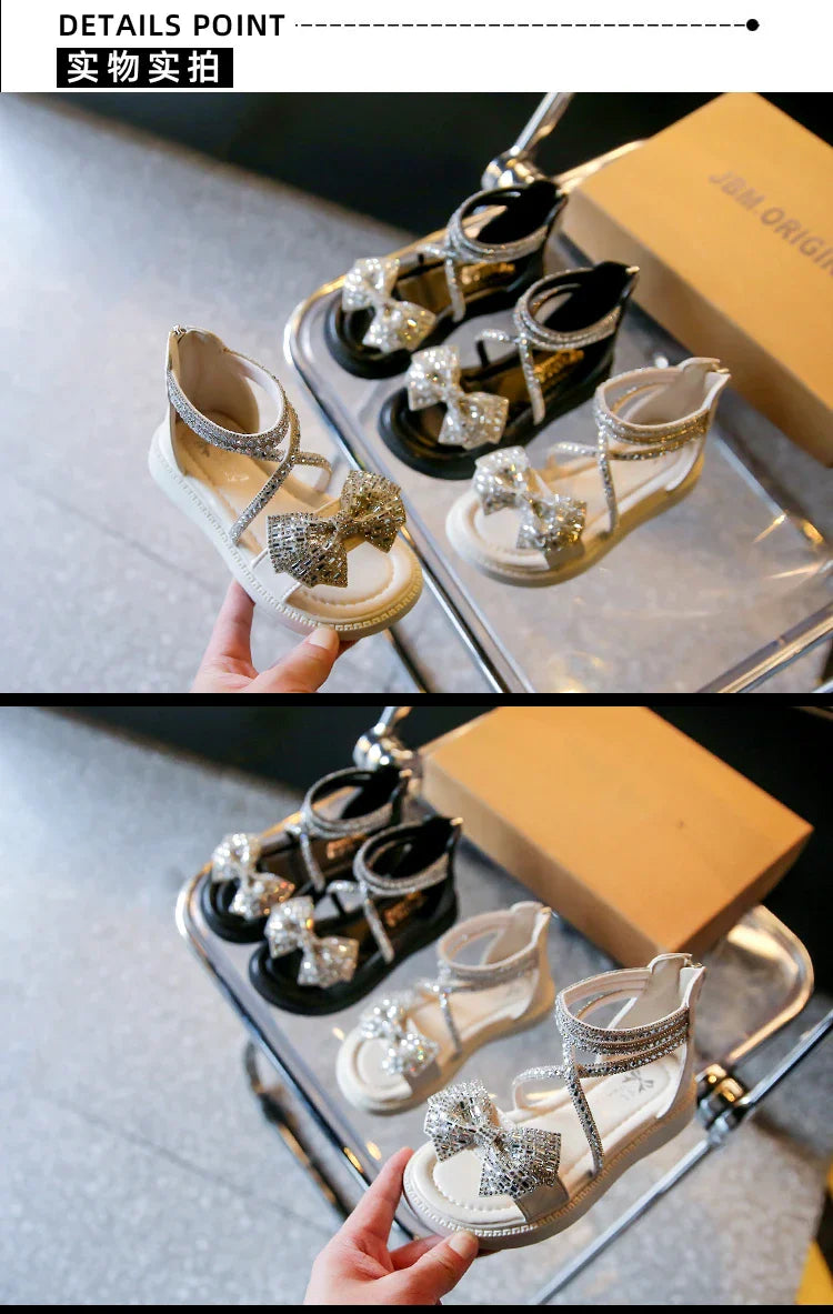 Girls' Shiny Cool Rhinestone Bowknot Children's Sandals 2023 Summer Open-toe Versatile Kids Fashion Back Zipper Casual Shoes New