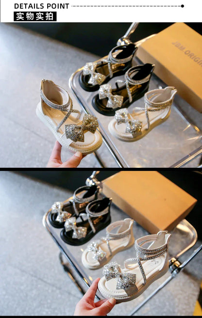 Girls' Shiny Cool Rhinestone Bowknot Children's Sandals 2023 Summer Open-toe Versatile Kids Fashion Back Zipper Casual Shoes New