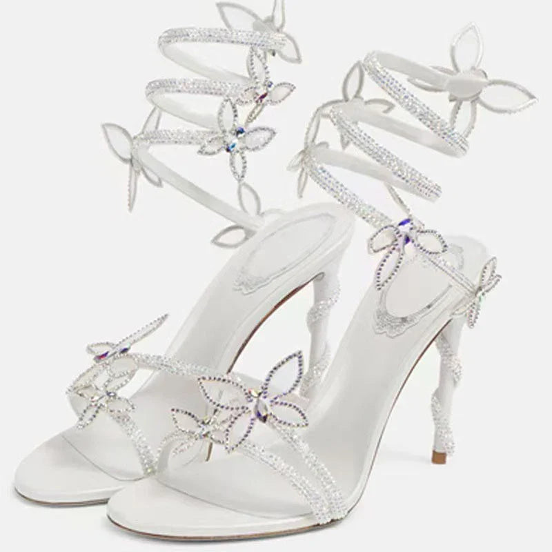 Luxury Designer Pink Flower Rhinestone High Heels Sandals Shoe Sexy Wrap Strap Open Toe Stripper Prom Party Ladies Shoes