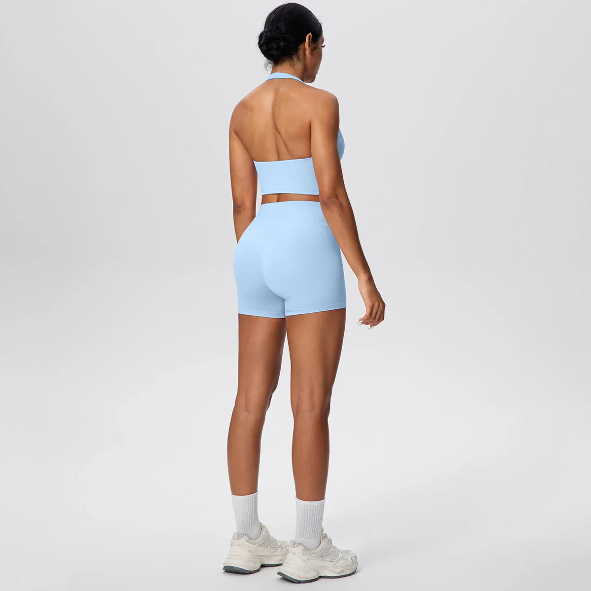 2picese Women Yoga Suit Solid Color High Waist Hip Push Up Fitness Shorts Sexy Pilates Backless Gym Hanging Neck Bra Yoga Set