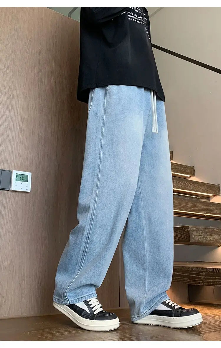 Calças masculinas casuais, calças retas soltas, primavera verão, nova moda, jeans masculinos de cintura alta com pernas largas