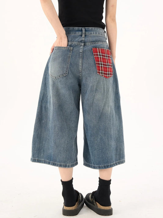 Retro Back Flap Pocket Pants Plaid Splicing Denim Shorts for Women