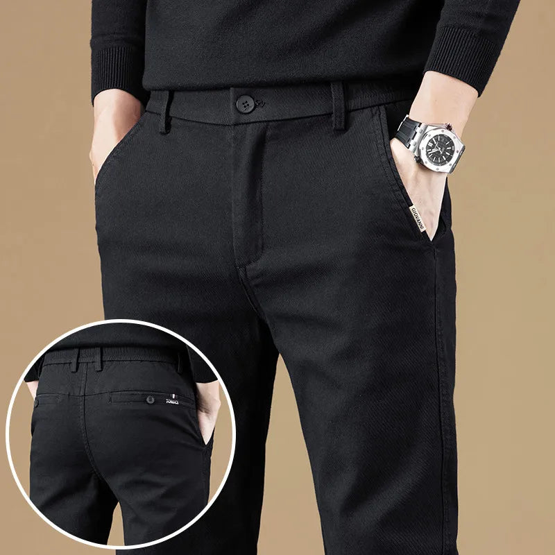 2024 Spring New Business Casual Pants Men Thick Slim Elastic Waist Trousers Classic Brown Black Grey High Quality Male Clothes