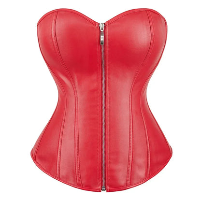 Red Black PU Leather Bustier Tops Zipper Steampunk Corset  Korset Overbust Body Shaper Women Sexy Basque