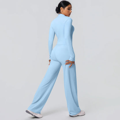 2pieces Quick Drying Sports Fitness Clothing Yoga Set Women Yoga Zipper Long Dleeves High Waisted Breathable Wide Leg Pants Set