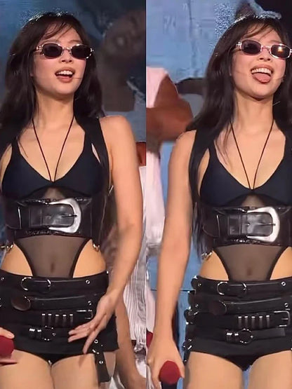 Music Festival Fake 2-Pieces Patchwork Bodysuit Women Chest Wrapped Mesh PU Wide Waistband Midnight Clubwear Tops
