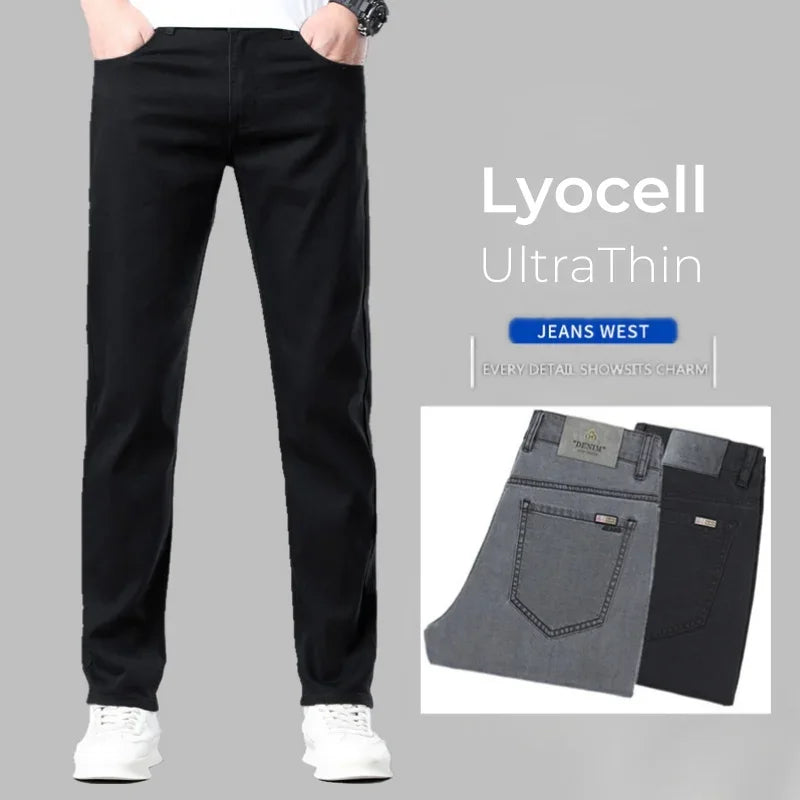 Summer Lyocell Ultra-thin Jeans Men Straight Stretch Breathable Denim Pants Fashion Business Casual Male Trousers Black Gray