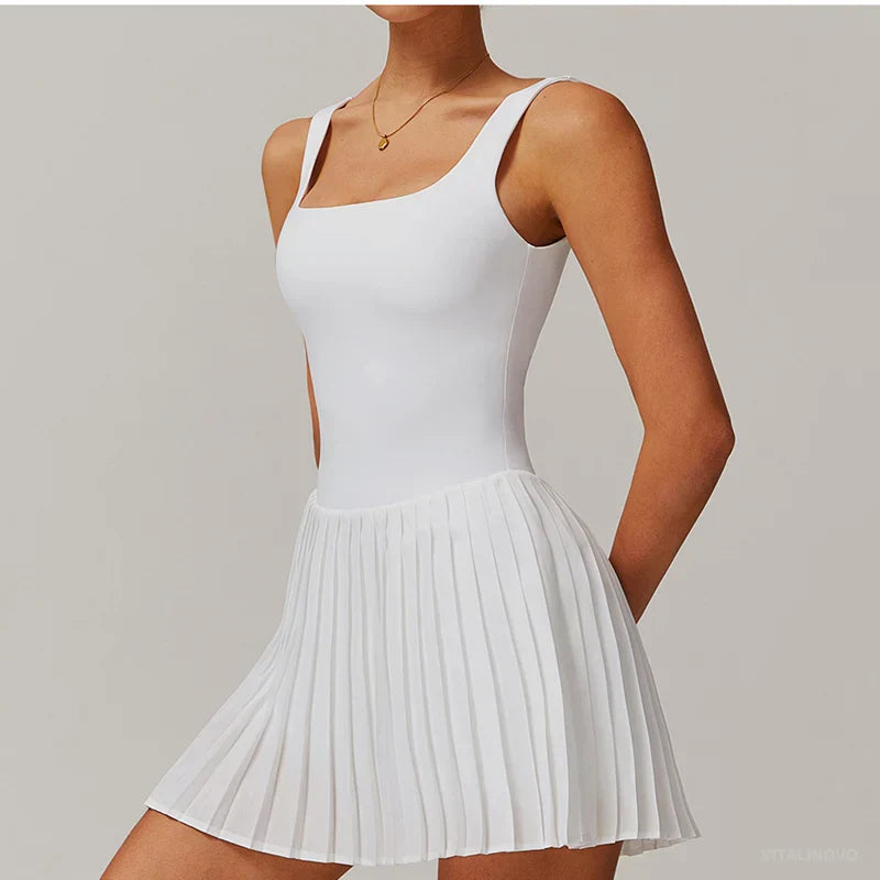 Workout Tennis Dress with Built in Shorts Square Neck Padded Workout Dress with Pockets Golf Athletic Mini Dresses