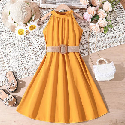 Elegant Summer Princess Dress for Teen Girls with Halter Neck and Off-Shoulder Children Sleeveless Casual Clothes with Belt