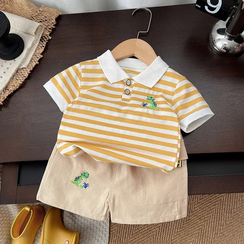 ‌New 2025 Boys Cotton Striped Shorts Set 2-Piece Summer Outfit Fashion Short Sleeve Casual Playwear Stylish Kids Clothing‌