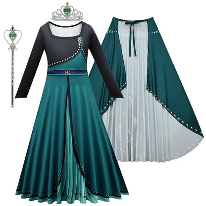Frozen Coronation Anna Princess Girls Cosplay  Long Sleeve Costume Carnival Party Kids Cloak Clothes Birthday Print Dress
