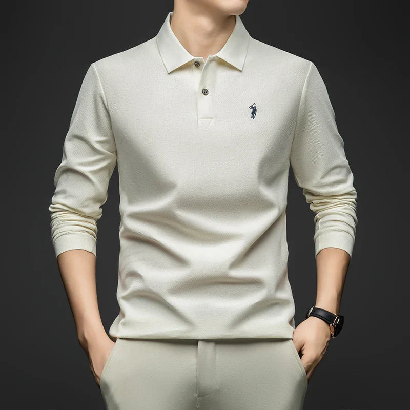 100% Pure Cotton Men's Long Sleeved Polo Shirt, Collar T-shirt, Spring and Autumn Top, No Ironing, Wrinkle Resistant Embroidery