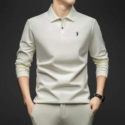 100% Pure Cotton Men's Long Sleeved Polo Shirt, Collar T-shirt, Spring and Autumn Top, No Ironing, Wrinkle Resistant Embroidery