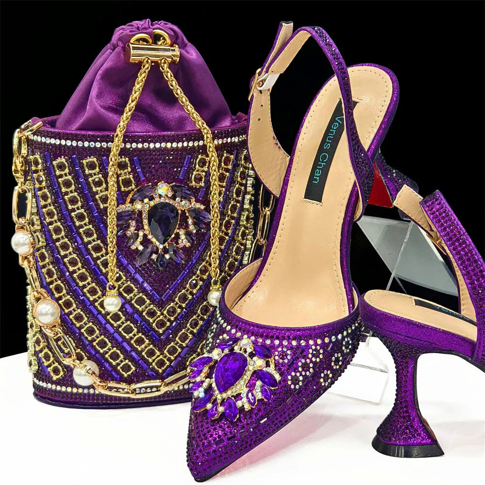 Girly Style Pointed Toe Wedding Shoes and Bag Full Diamond Decoration Metal Closure Bag Italian Design 2024