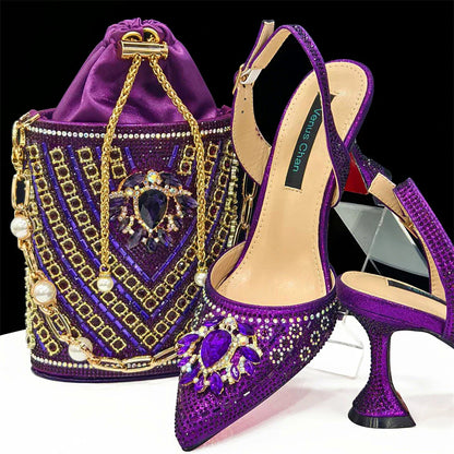 Sapatos e Bolsa Nigerianos de Salto Alto para Mulheres na Cor Vermelha, Conjunto de Bolsa com Strass com Design Italiano para Casamento