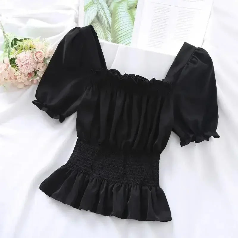 Short Chiffon Shirt Square Neck Top Puff Sleeve Design Women's Short Sleeve Thin Shirt  Womens Blouses Wholesale