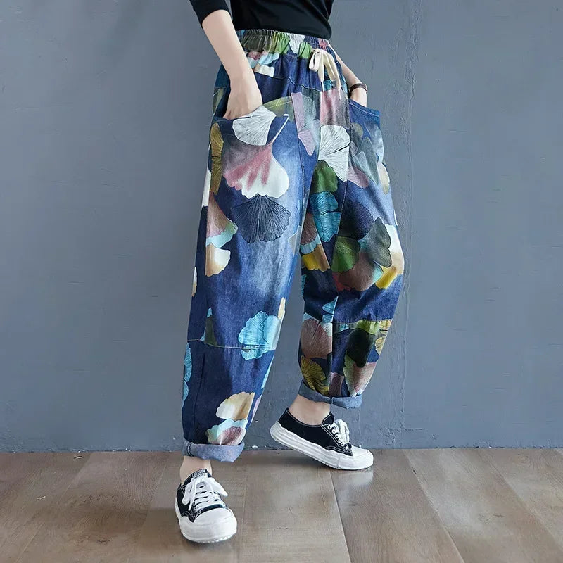 Women Ankle-length Jeans Fashion Harajuku Vintage Print Casual Trouser