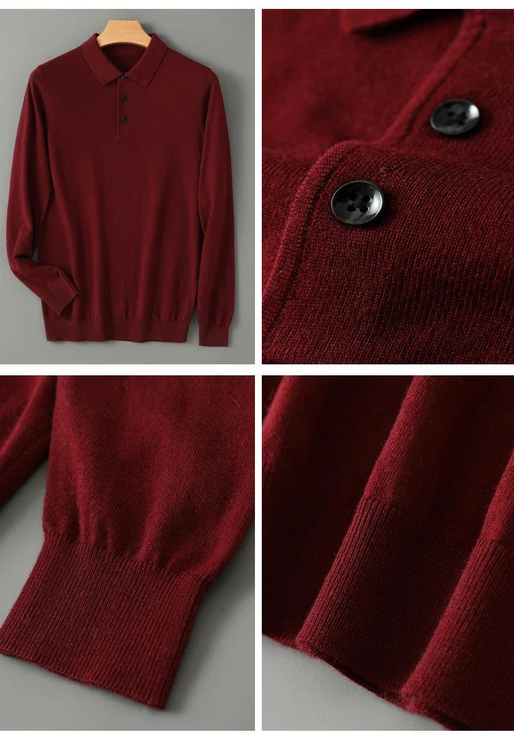 Spring Autumn Men Shirt  Merino Worsted Wool Knitted Pullover Long Sleeve Polo-Collar Clothing Tops Smart Casual Thin Outerwears
