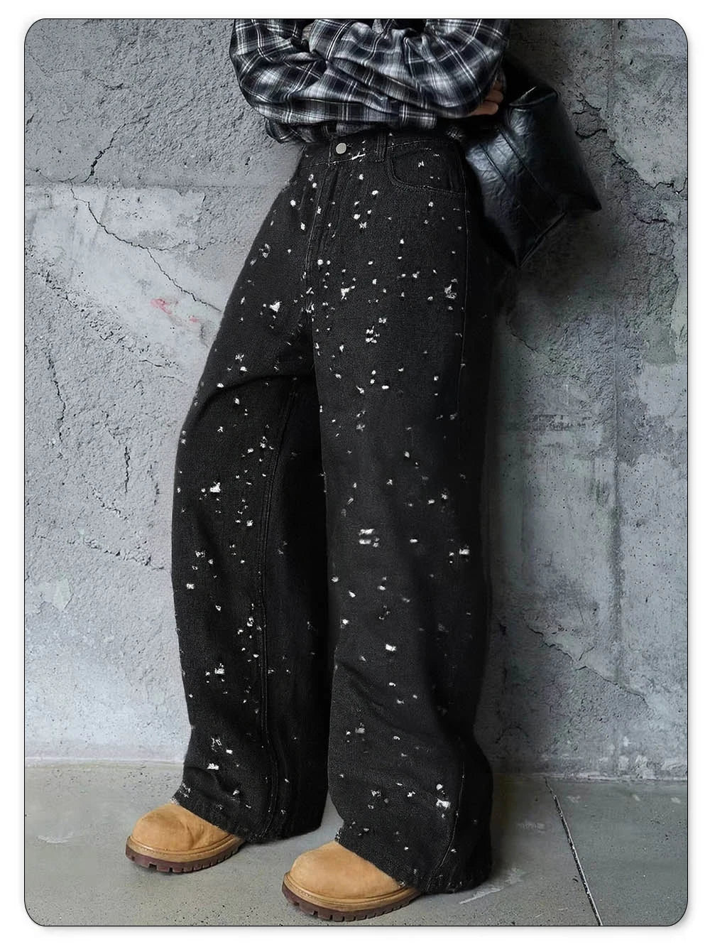 Japanese-Korean Style Baggy Jacquard Wide-leg Jeans American Retro Distressed Crochet Fabric Wide-leg Denim Pants Unisex