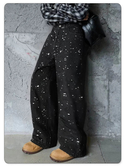 Japanese-Korean Style Baggy Jacquard Wide-leg Jeans American Retro Distressed Crochet Fabric Wide-leg Denim Pants Unisex