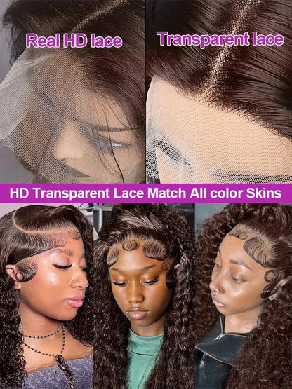 Chocolate Brown Deep Wave Frontal Wig Colored #4 Deep Curly Lace Front Human Hair Wigs Remy 13x4 HD Lace Frontal Wigs For Women