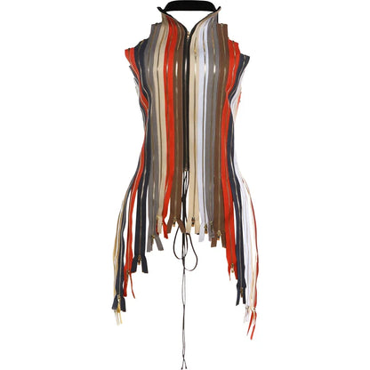 Backless Irregular Hem Tank Tops Woman Colorful Stripe Halter Multiple Zip Design Bandage High Street Hip-Hop Style Vests