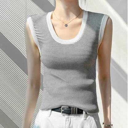 2026 Spring Summer O-Neck Striped Vest Top Simple Slim Fit Sleeveless Casual Versatile Women's Tank Top