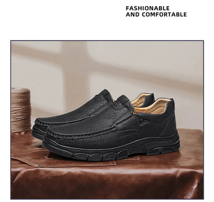 Men's Handmade Thick Rubber Bottom Breathable Casual Leather Shoes Classic Sewn Loafers Comfortable Leisure Footwear