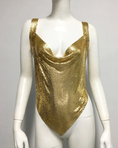 Shiny Metal Sequin Party Tank Top For Women Sexy Deep V Neck Backless Off The Shoulder Camisole Rave Nightclub Crop Top 2024 New
