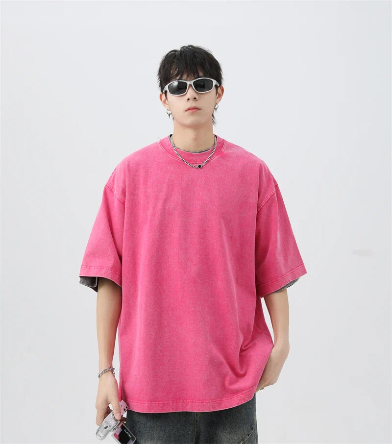 Japanese Korean Style Stir Fried Snowflake Washed T-Shirts Men Women Cotton Heavyweight Summer Hip Hop Streetwears Short Sleeved