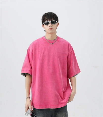 Japanese Korean Style Stir Fried Snowflake Washed T-Shirts Men Women Cotton Heavyweight Summer Hip Hop Streetwears Short Sleeved