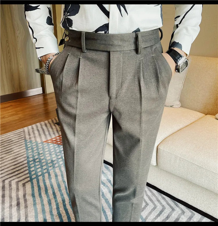Men's Slim Fit Naples Business Casual Trousers Made of Autumn and Winter Wool, Thickened for Warmth, Classic Ankle-length Pants.