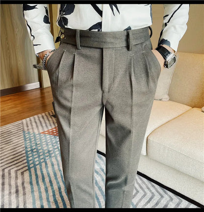 Men's Slim Fit Naples Business Casual Trousers Made of Autumn and Winter Wool, Thickened for Warmth, Classic Ankle-length Pants.