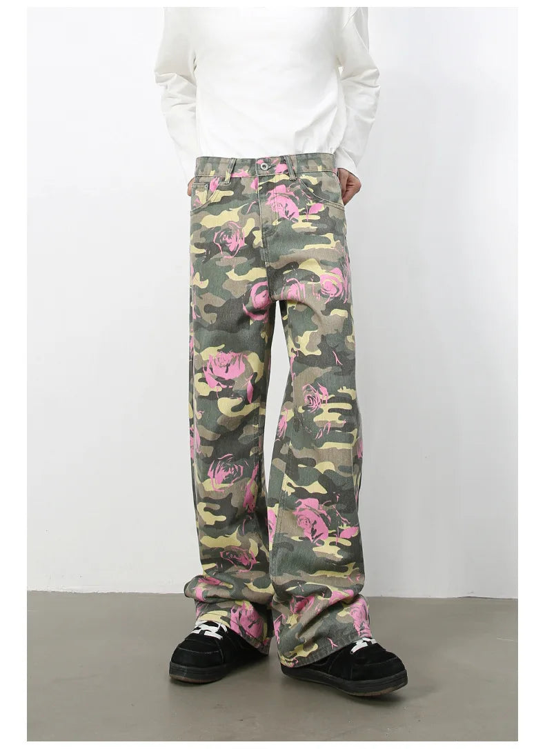 Tide Camouflage Jeans Men's Ins Loose Straight Wide Leg Casual Denim Pants Loose Male Trousers 12C2036