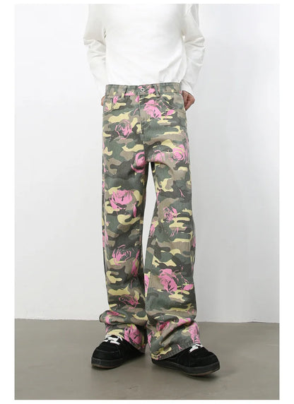 Tide Camouflage Jeans Men's Ins Loose Straight Wide Leg Casual Denim Pants Loose Male Trousers 12C2036