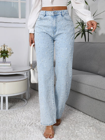 Women Straight-Leg Denim Jeans with Fashion Faux Pearl Detail