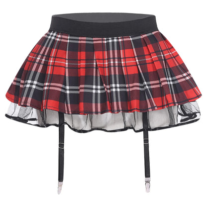 Women's Miniskirt with Garters Schoolgirl Cosplay Costume Plaid Layer with Tulle Lining Elastic Waistband Short Skirt Clubwear