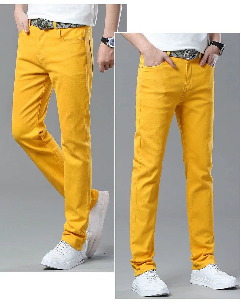 Straight Fashion Men's Jeans Solid Color Casual Business Stretch Washed Denim Trousers Breathable Streetwear Trendy Male Pants