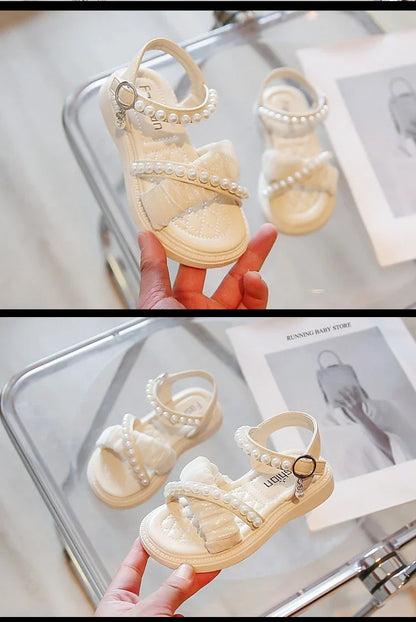 Chic Girls Pearl Flat Sandals 2026 Summer Baby Princess Girls Children Beige Dance Performance Shoes Girl Platform Sandal G05223