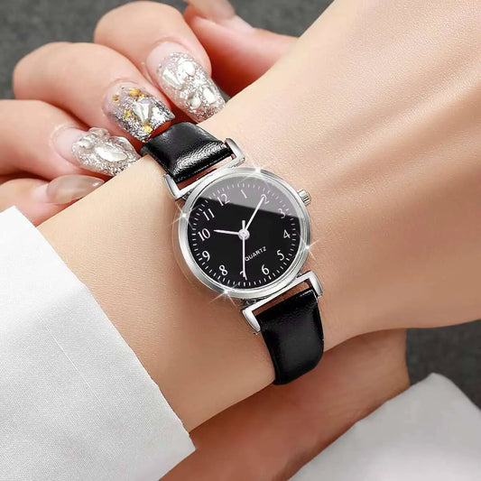 2PCS Fashion Women Quartz Watches Set Simple Small Dial Leather Strap Watch for Girls Reloj Mujer（Without Box）