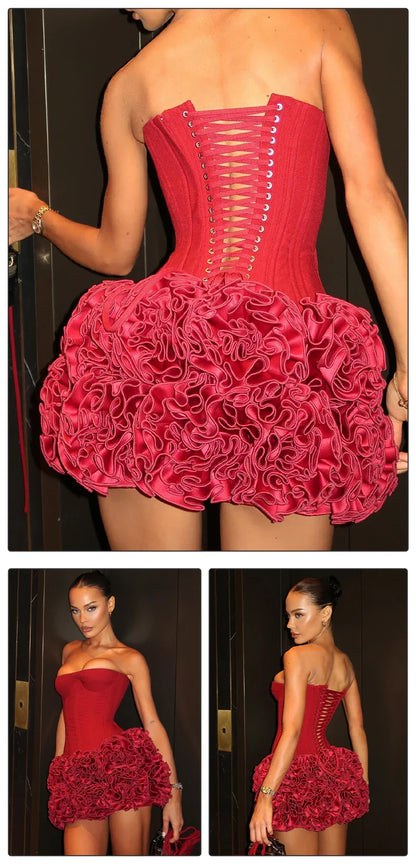 Christmas Dress Strapless Backless Red Structured Floral Embellished Mini Length Bodycon Celebrity Party Cocktail Dress