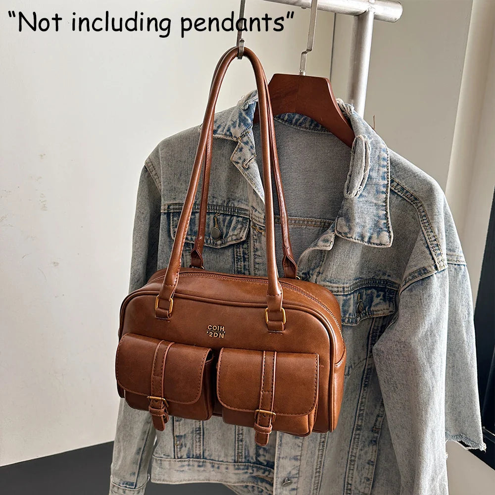 Women's Retro Solid Color Pu Leather Shoulder Bag with Multiple Pockets, Large Capacity, Exquisite and Fashionable Handbag