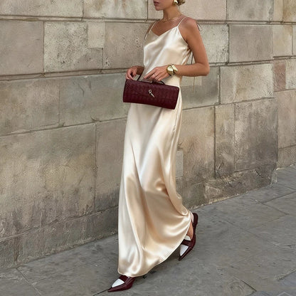 Original Women's Satin Champagne Dress Sleeveless Sexy Backless Evening Dresses Guest Elegant Bridesmaid Long Evening Gown