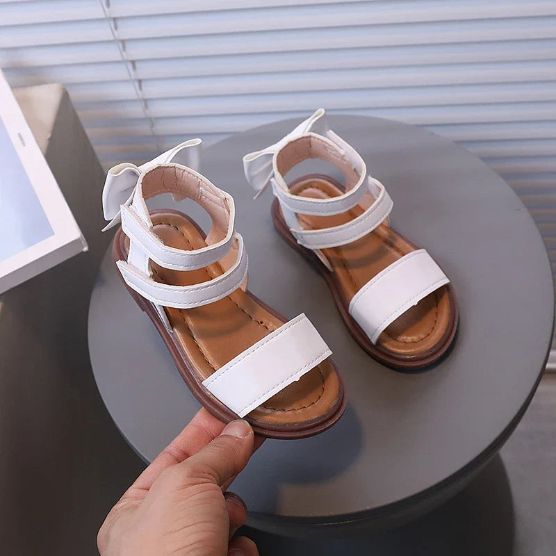 Little Girl's Sandals Gladiator Style Black White Children Sliders Flat Pu Leather Fashion Hook-loop Kids Summer Shoes 21-30