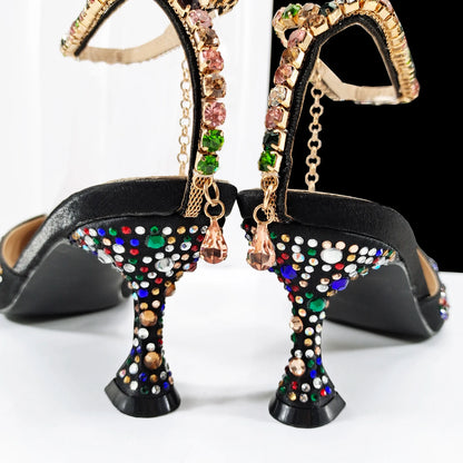 African popular pointed toe shoes anklet design and metal handle soft small bag high heels party shoes for women