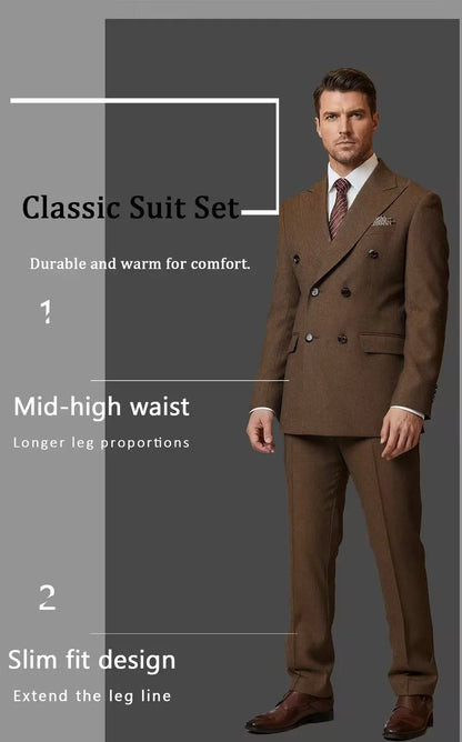 2026 New Double-Breasted Peak Lapel Men's Suit Set Two-Piece Coffee Beige Pink (Jacket   Pants) Casual Business B