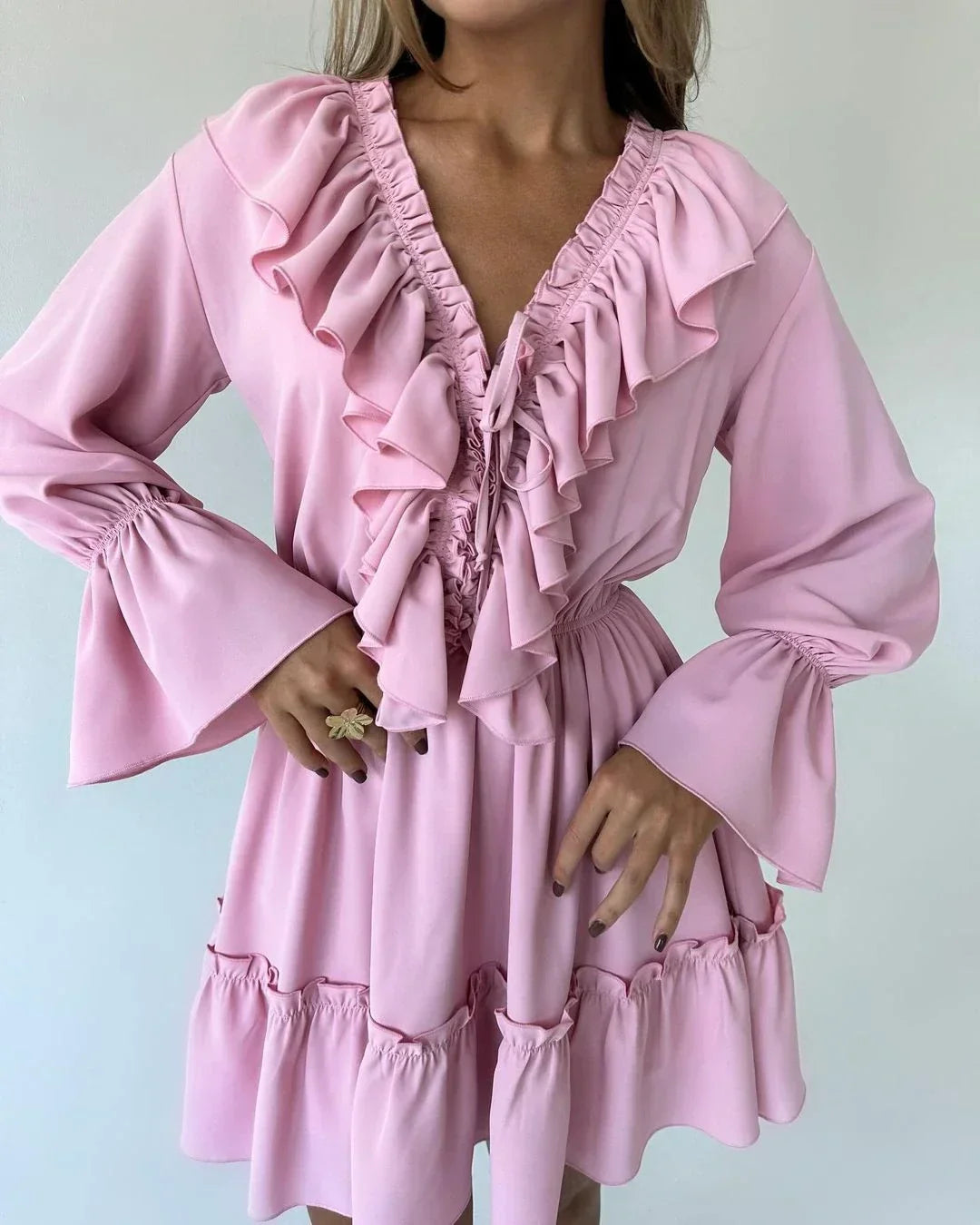 White Ruffle Bandage Mini Dress Women's Elegant Patchwork Long Sleeve Dress New Slim V Neck Lace Up Summer Mini Dress