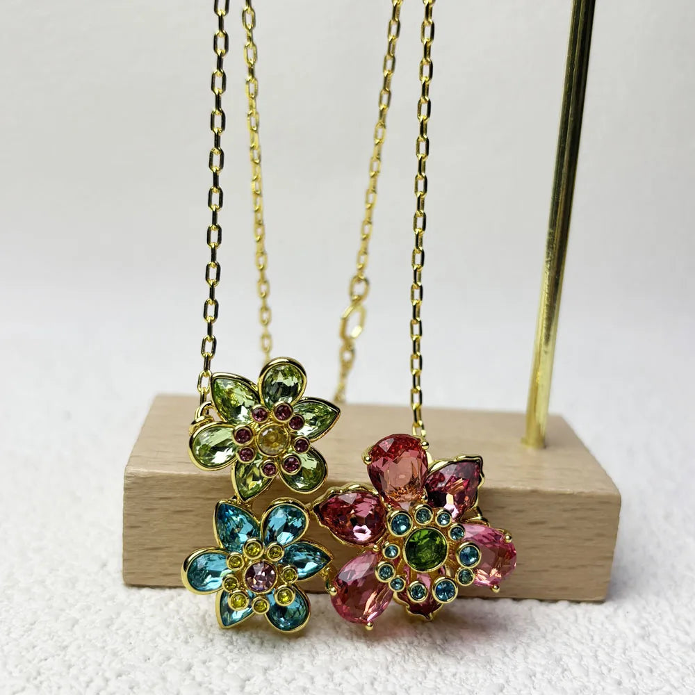 2025 New Trend Fine Jewelry Sets Charm Pink Blue Flower Crystal Fashion Original Luxury Necklace Earring Romantic Gift for Women