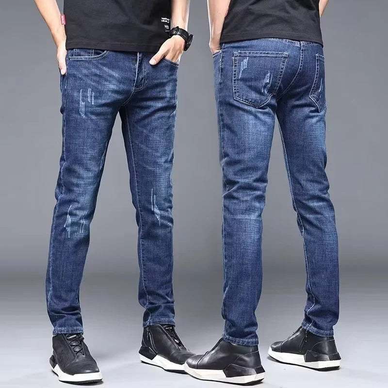 Calça Jeans Masculina Casual Elegante Clássica para Negócios Quatro Estações Preta Azul Calças de Cintura Média Leggings de Tecido Jeans Masculino